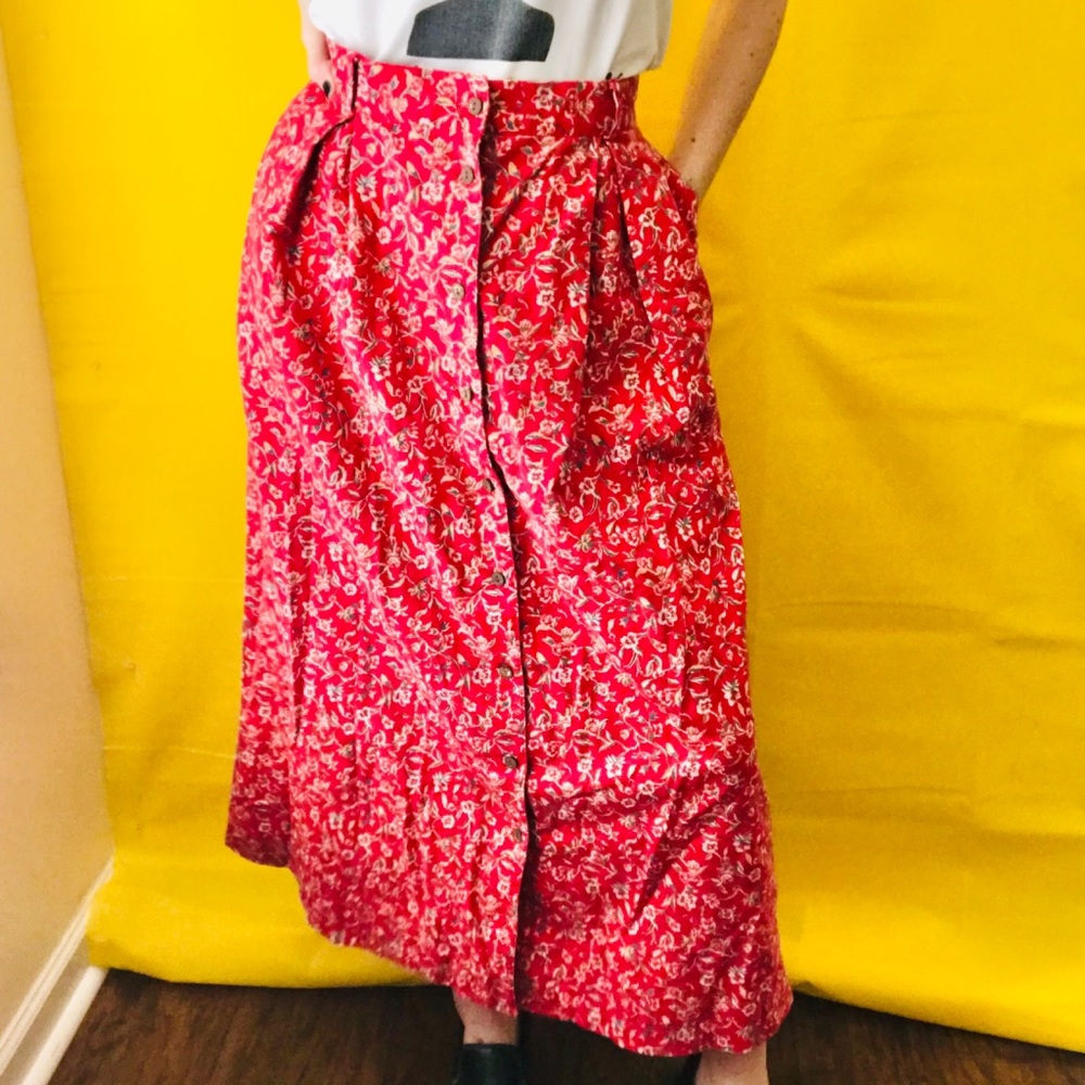 90s Red Floral Linen Blend Skirt Vtg Vintage 1990s